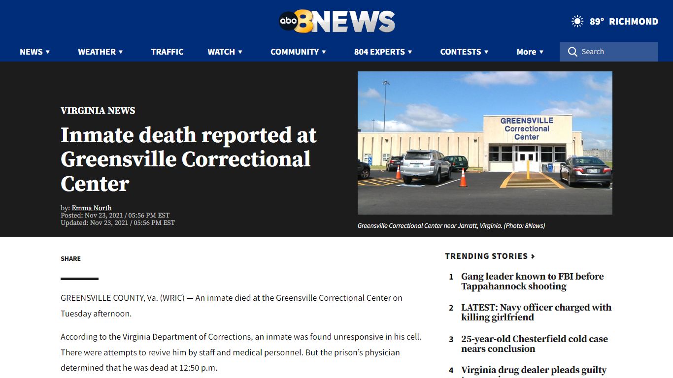 Inmate death reported at Greensville Correctional Center